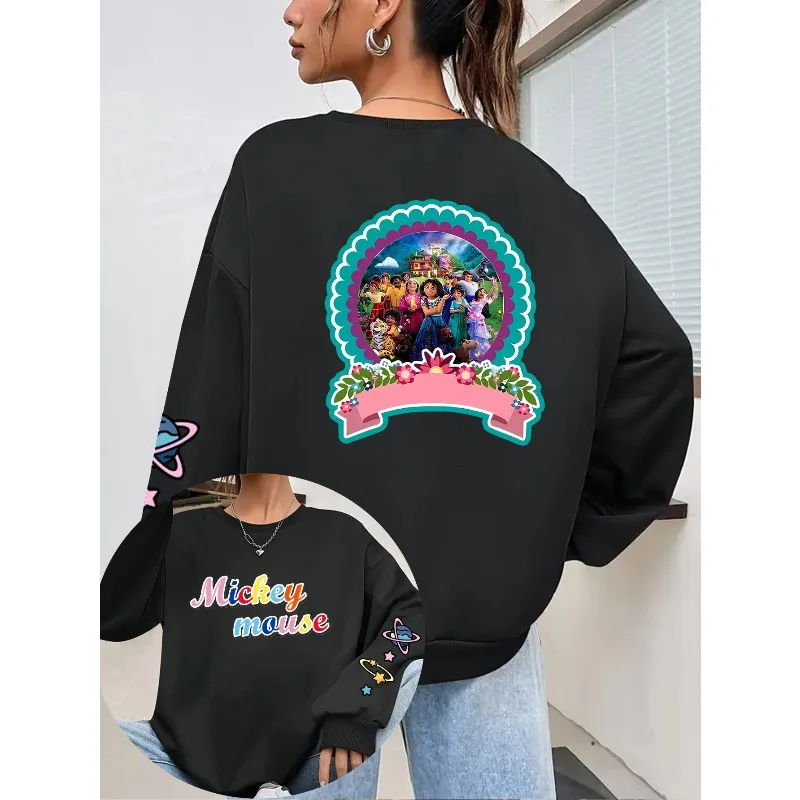 Bluza z kapturem Disney Mirabell Family z nadrukiem na jesień/zimę 2025, wygodna, całoroczna, idealna do domu i podróży, z długim rękawem i okrągłym dekoltem.
