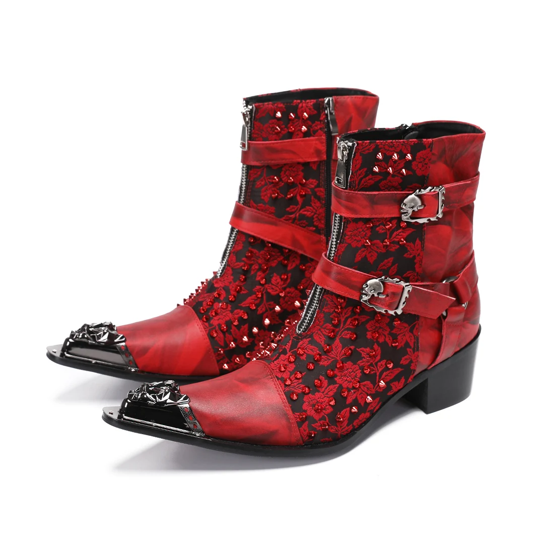 Red Floral Print Pointed Toe Genuine Leather Men Ankle Boots Plus Size Rivets Buckle Strap Night Club Party Short Boots Male
