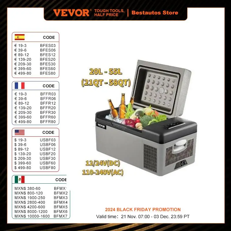 VEVOR 20L 22L 35L 45L 55L Réfrigérateur de Voiture Glacière Électrique Portable Mini Frigo Auto