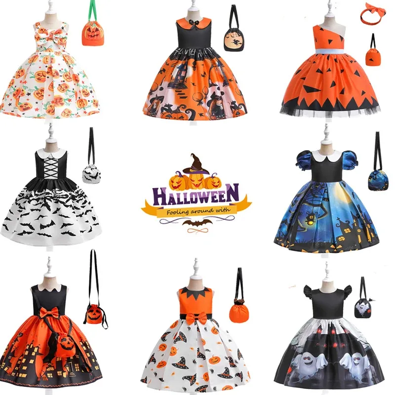 

Girls Halloween Costume Kids Bat Spider Witch Pumpkin Print Dress Carnival Scary Vestidos Children Fancy Party Ball Gown
