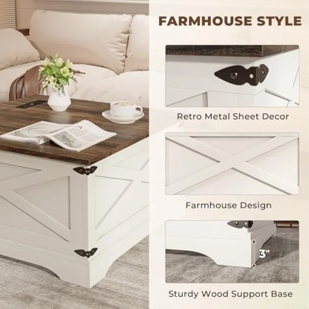 طاولة قهوة قابلة للرفع مع مساحة تخزين، طاولة قهوة مربعة لغرفة المعيشة مع شحن لاسلكي، طاولة قهوة للمزرعة