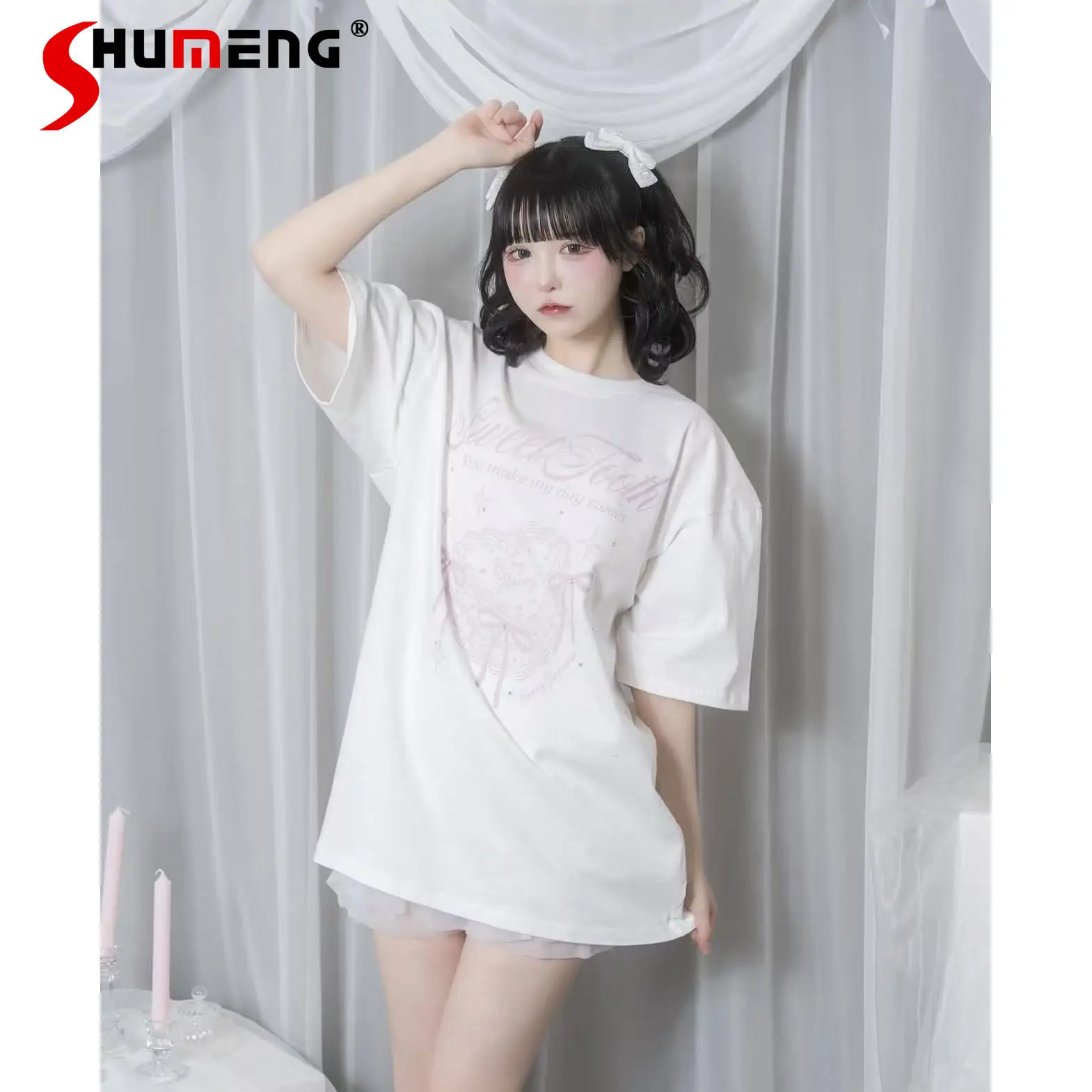 

Japanese Sweet Cute Girl‘s Loose Casual Y2K Tops Round Neck Short Sleeve Bow Heart Printed T-shirt Shirts for Women Summer 2026