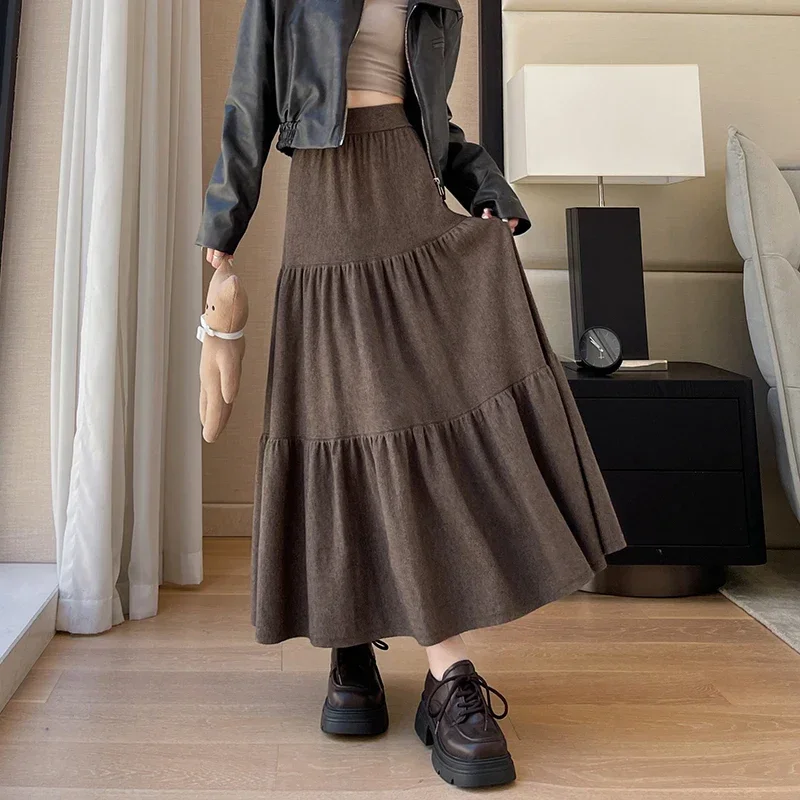 Spliced A-line Knitted Skirts Female Sweet Solid Color All-Match Large Swing Skirts Elastic High Waist Tiered-Ruffle Long Skirts