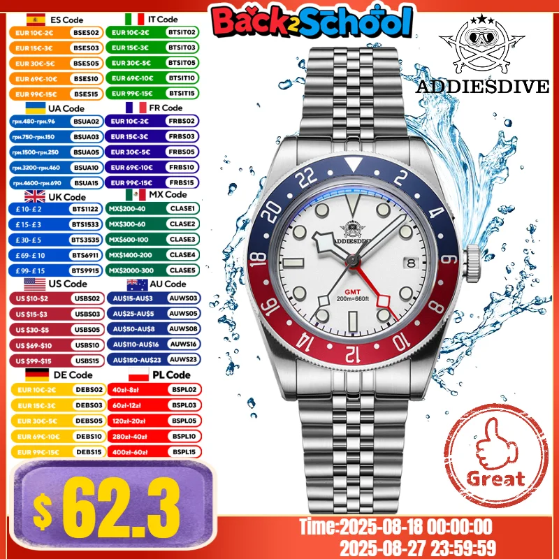 

ADDIESDIVE Man GMT Watch Blue Super Luminous Relogios Masculino Bubble Mirror Glass BGW9 Super Luminous 20Bar Quartz Watches