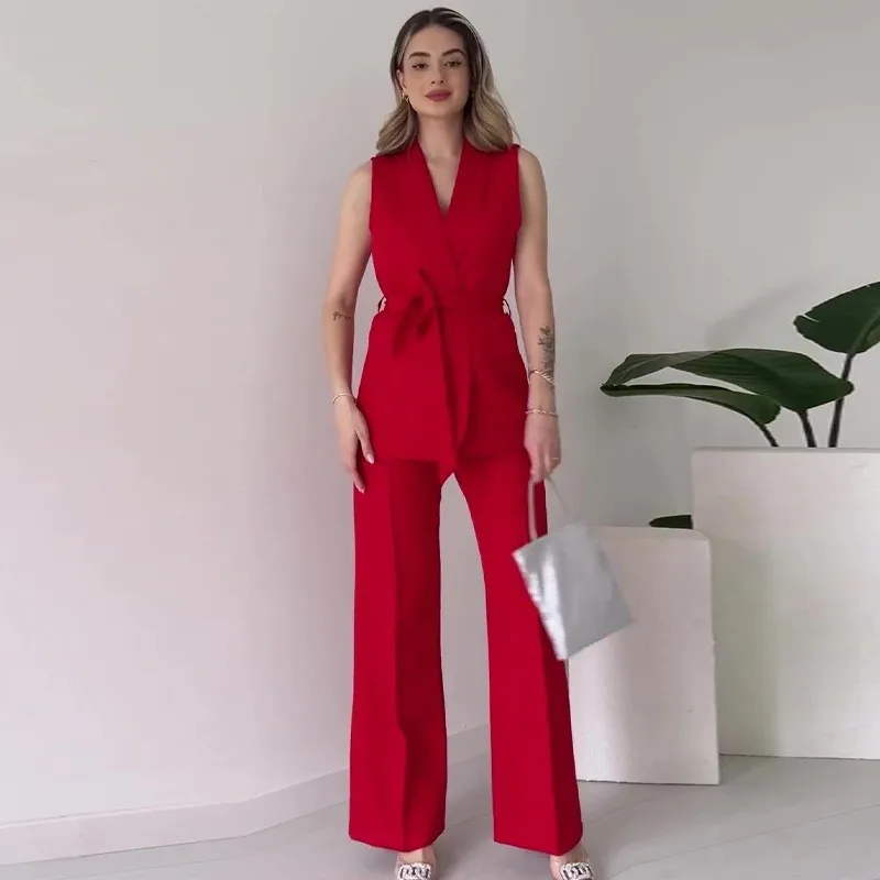 Elegant Office Lady Two Piece Sets Turn Down Neck Sleeveless Top With Long Pants Suit Autumn Solid Slim Set Women Party Outfit