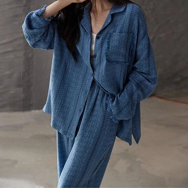 Autumn Winter Woman Pajamas Set New Lapel Shirt Trousers Sets Loose Comfort Women's Home Clothes Fashion Long Sleeve Sleepwear