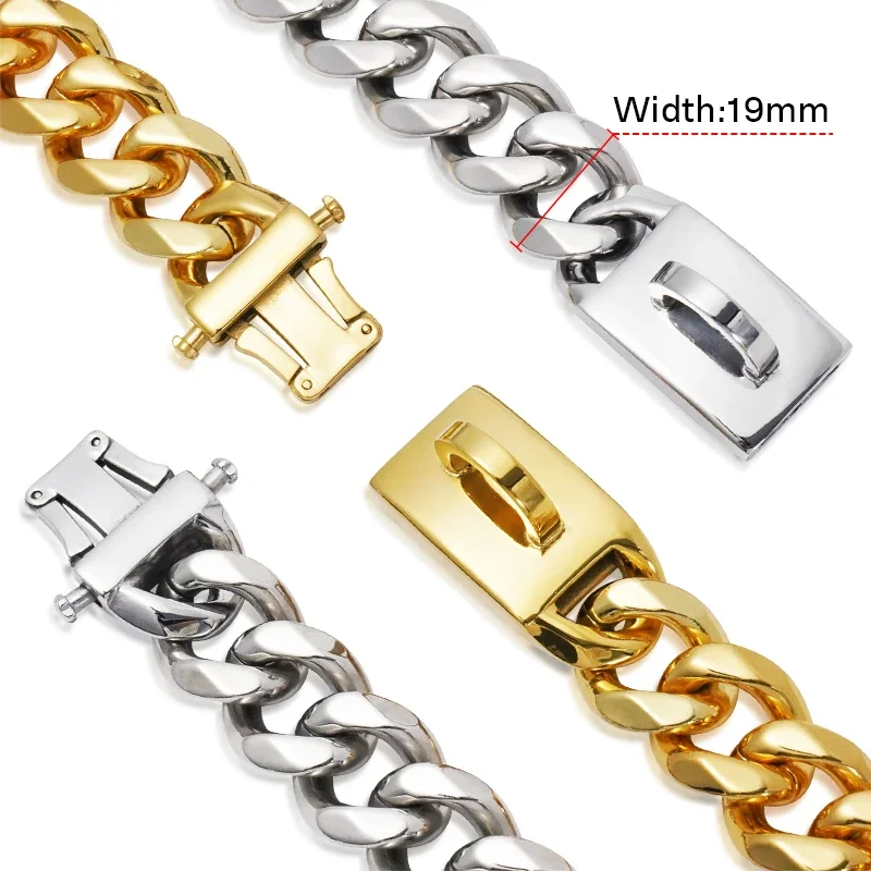 19mm Stainless Steel Gold Dog Chain Dog Collar Pet Lock Buckle Hip-hop Gold Necklace Dog Accessories