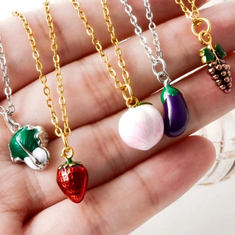 Vegetables Fruits 3D Simulate Stainless Steel Drip Oil Cabbage Grapes Chili Peppers Avocado Apple Pear Necklace for Women Men