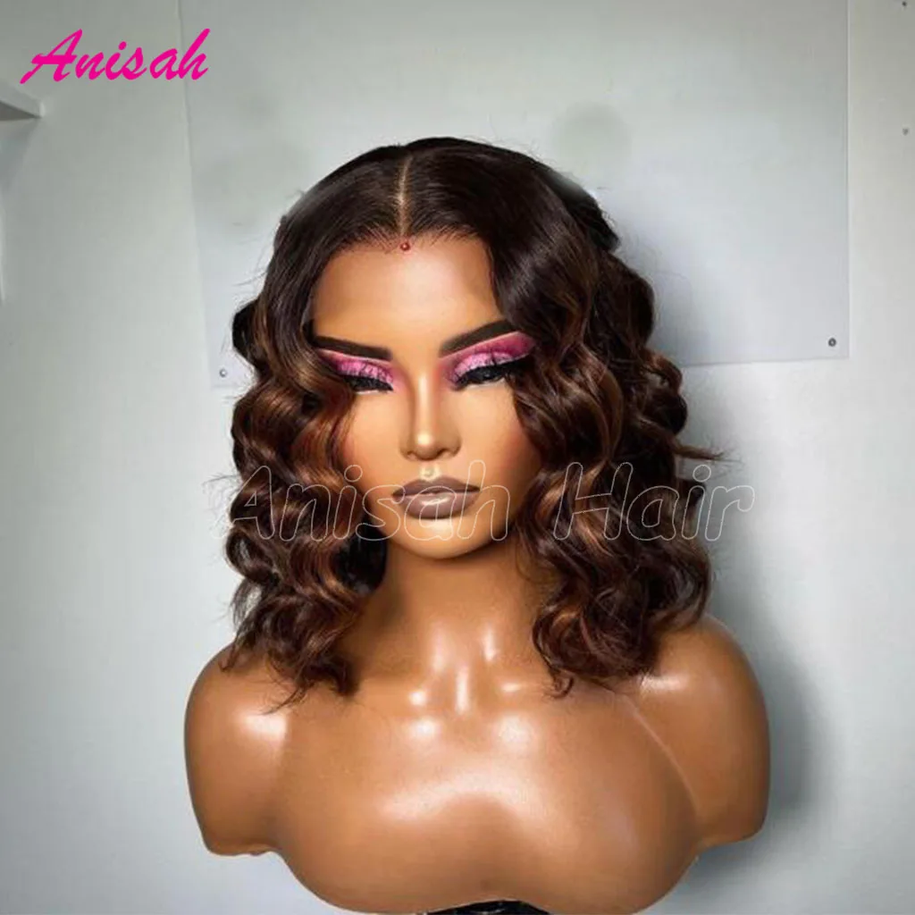 10 12 14 Inch Brown Highlight Short Bob Human Hair Wigs Loose Curl 13x4 Transparent Lace Front Wig For Black Women