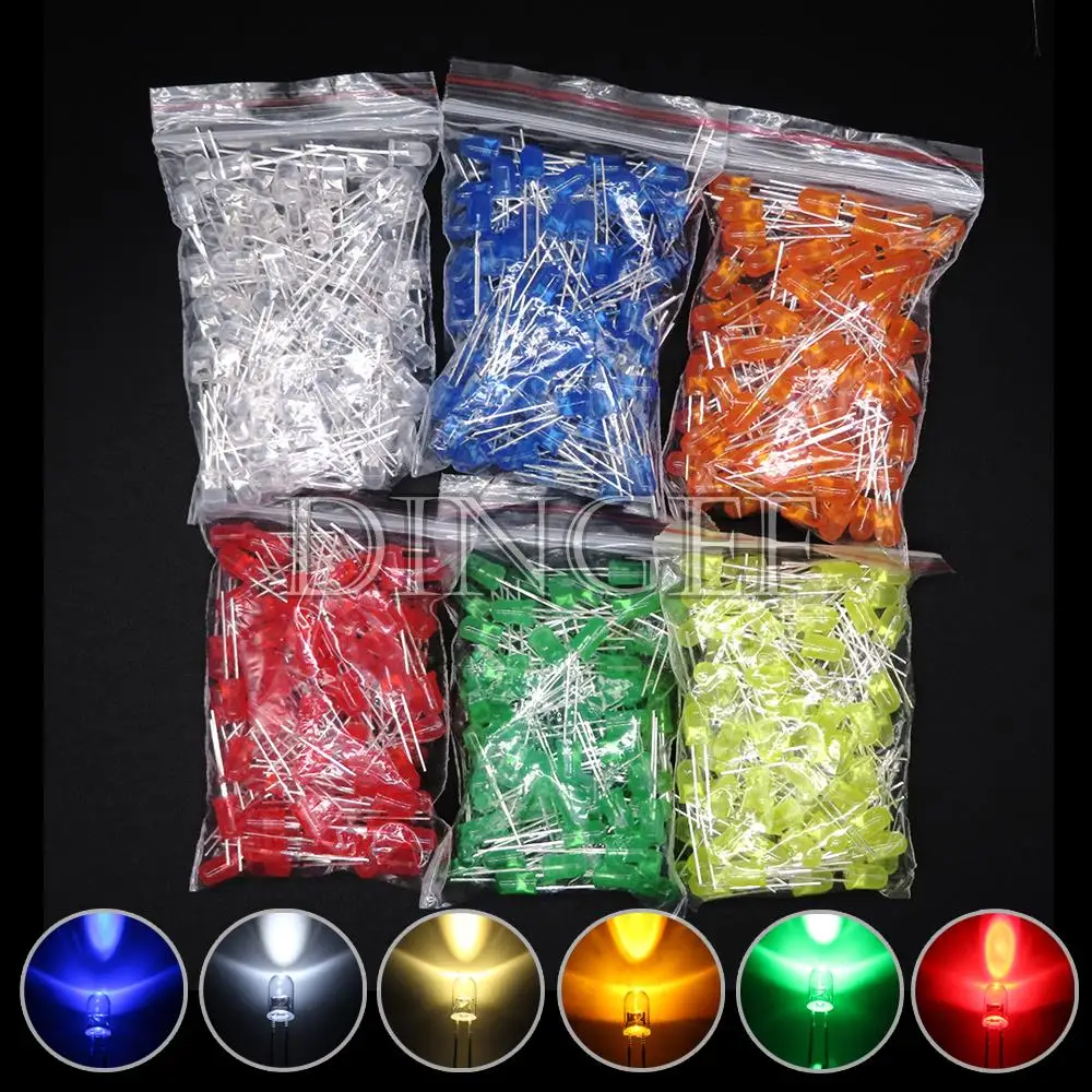 100PCS 3mm 5mm LED Diode F3 F5 Assorted Kit White Green Red Blue Yellow Orange Pink White DIY Light Emitting LED Diode Connector
