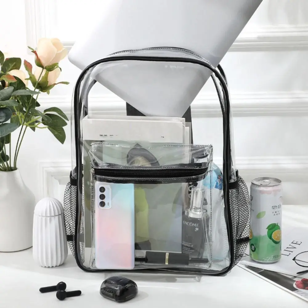 Open Pocket Visible Transparent Backpack Waterproof Zipper Clear Backpack Soft Handle Knapsack Transparent School Bag Outdoor