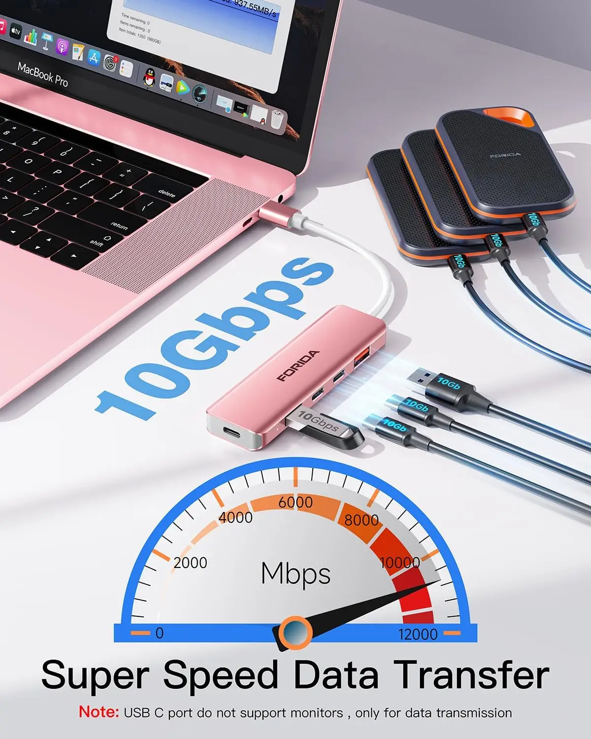 FORIDA USB C Hub 10Gbps USB C Splitter 100W Power Charging USB 3.2 Hub do laptopa MacBook Air/Pro iPhone 15/15 Pro/15 Pro Max