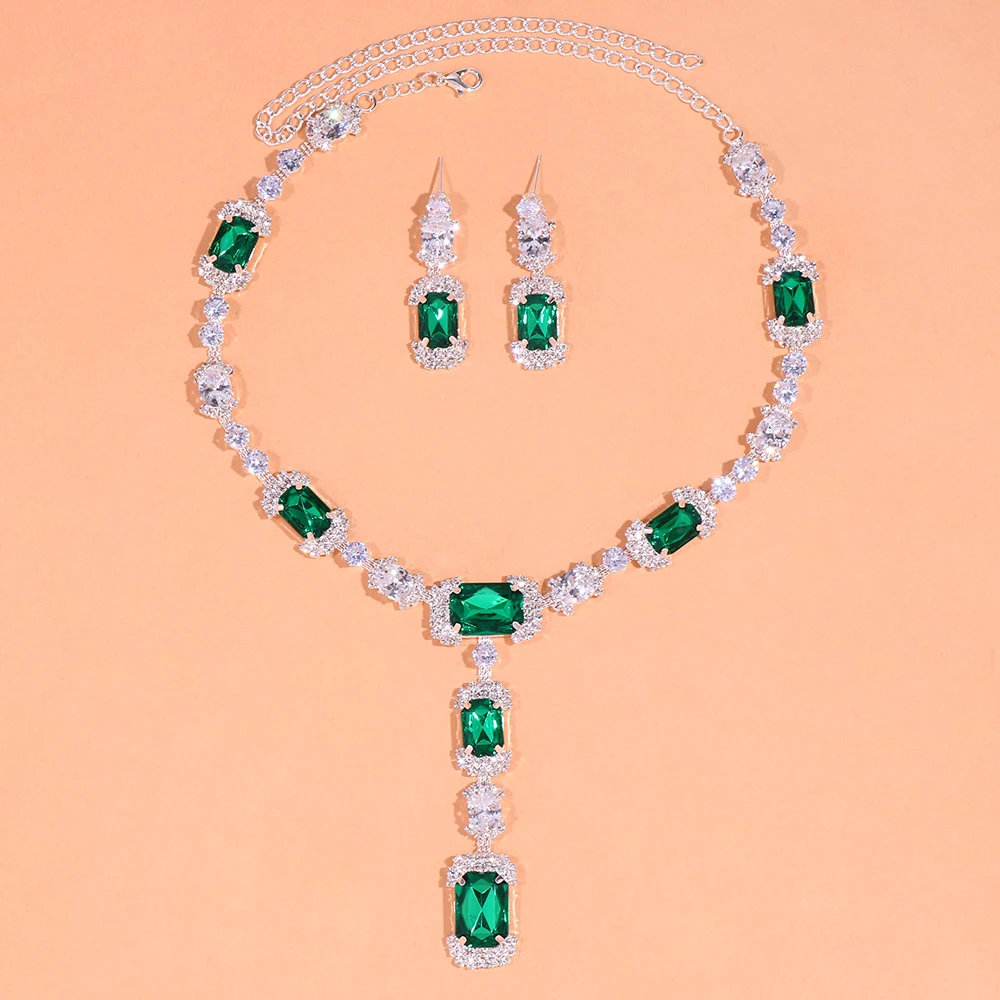 Stonefans Green Crystal African Jewelry Set Square Drop for Women Luxury Zircon Necklace Earrings Bridal Jewelry Set Accessories