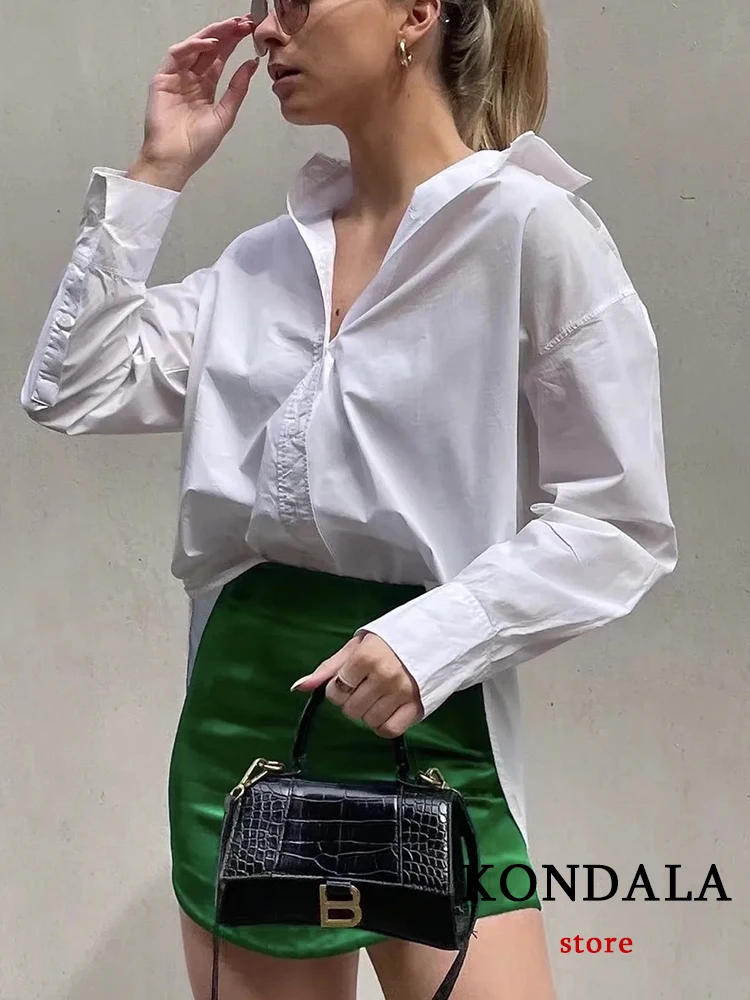 KONDALA 2023 Women Chic Green Oversized Long Autumn Shirts Solid Single Button Casual Blouses Long Sleeve Elegant Mujer Tops