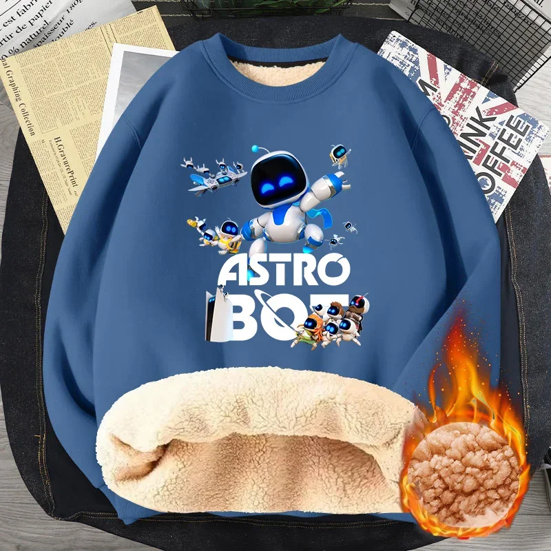 Astro Bot Sweatshirt Men Adult Game Figure Printed Thick Hoodie Round-neck Winter Fleece Pullover Sweater Cute Thermal Clothing