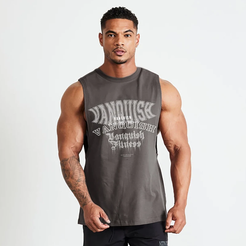 

Summer cotton men's tank top Gym workout men's Breathable sportswear Fashion wide shoulder crew neck top