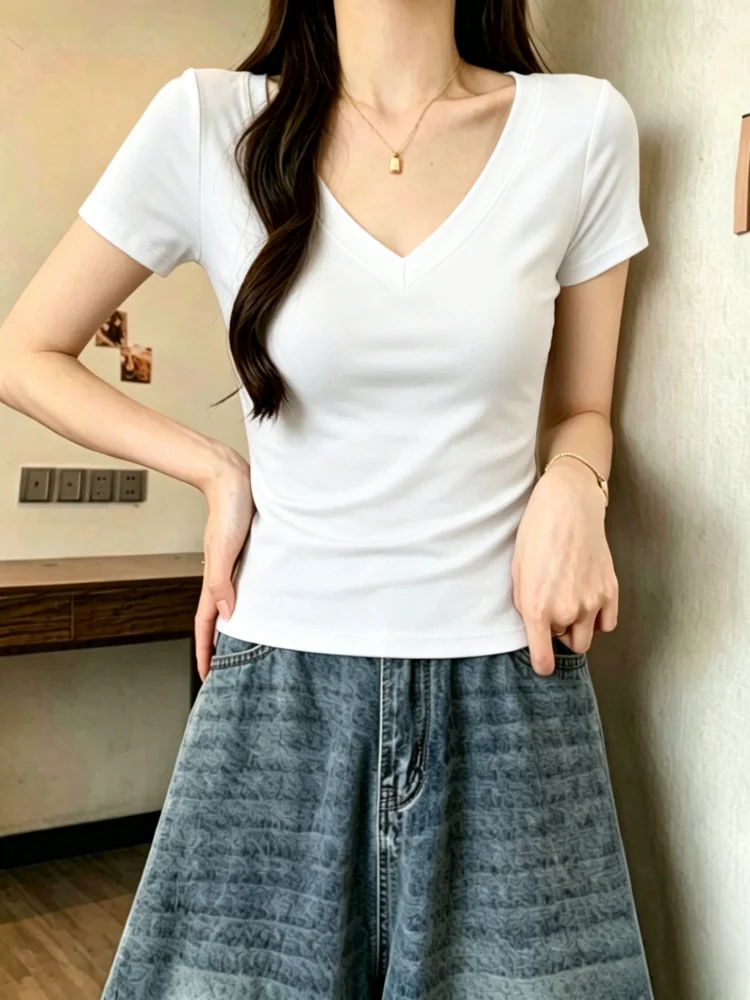 Slim Fit Short Sleeve T-Shirt 95 Cotton V-Neck Shoulder Width Regular Summer New Style Women's Base Shirt Versatile Slimming Top
