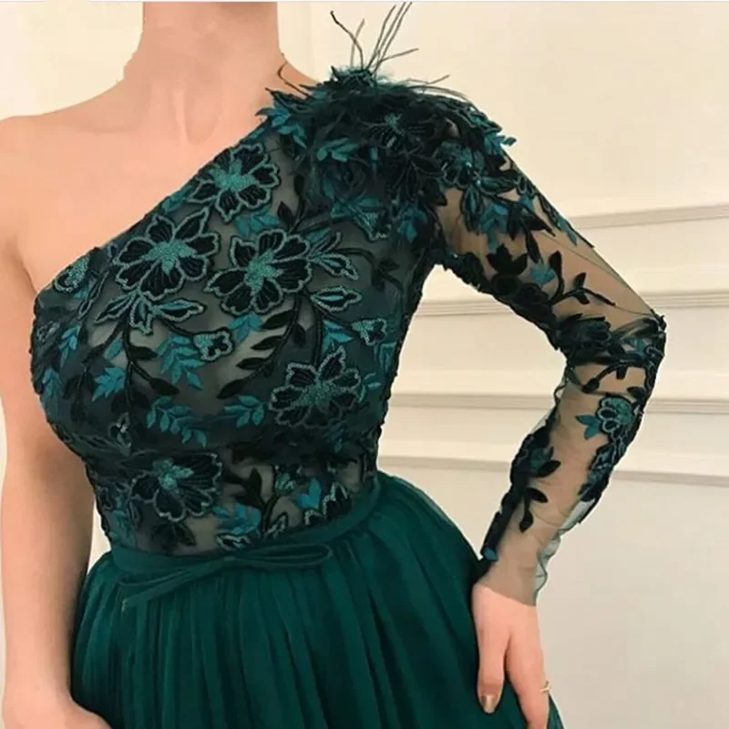 Green Satin A Line One Shoulde Long Sleeves Prom Gowns Dubai Arab Evening Dress Side Slit Party Dresses Formal Robe De Soiree