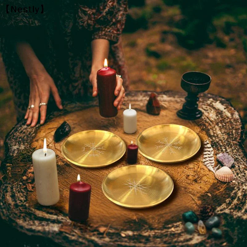 14cm Stainless Steel Plate Candlestick Ceremonial Ornament Engraving Plate Nordic Compass Crystal Storage Round Plate〔Nest〕
