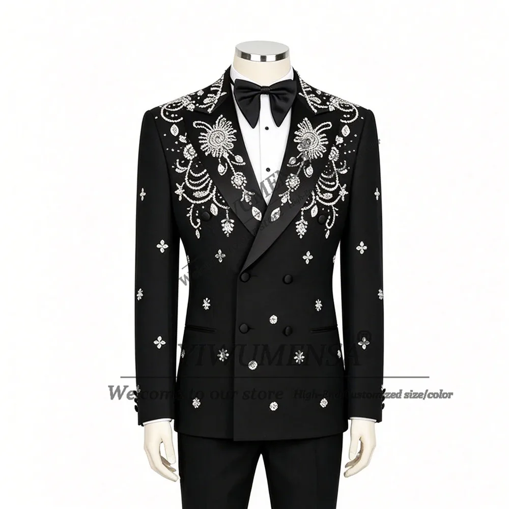 Male Fashion Suit For Wedding Diamond Beaded Jacket Pants 2 Pieces Groom Formal Wear Prom Blazers Customized Man Party Outfits
