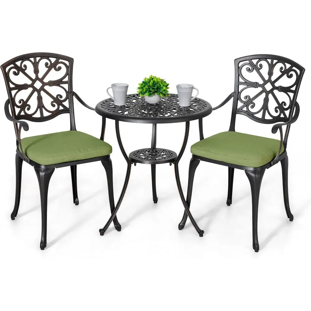 

Черно-золотой комплект для уличного кафе: круглый чугунный стол диаметром 24 дюйма с отверстием для зонта, 2 стулья с мягкими сиденьями