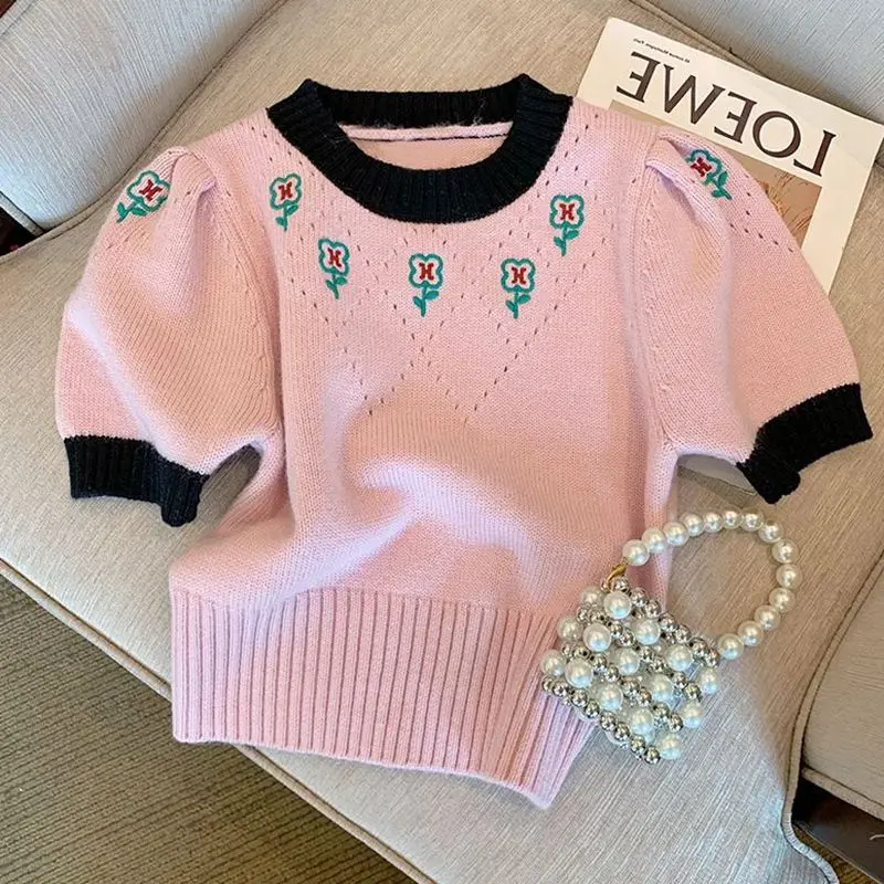 

French Style Vintage Slim O-neck Women's Short Sleeve Tops Summer Chic Floral Embroidery Patchwork Knitted Pullovers