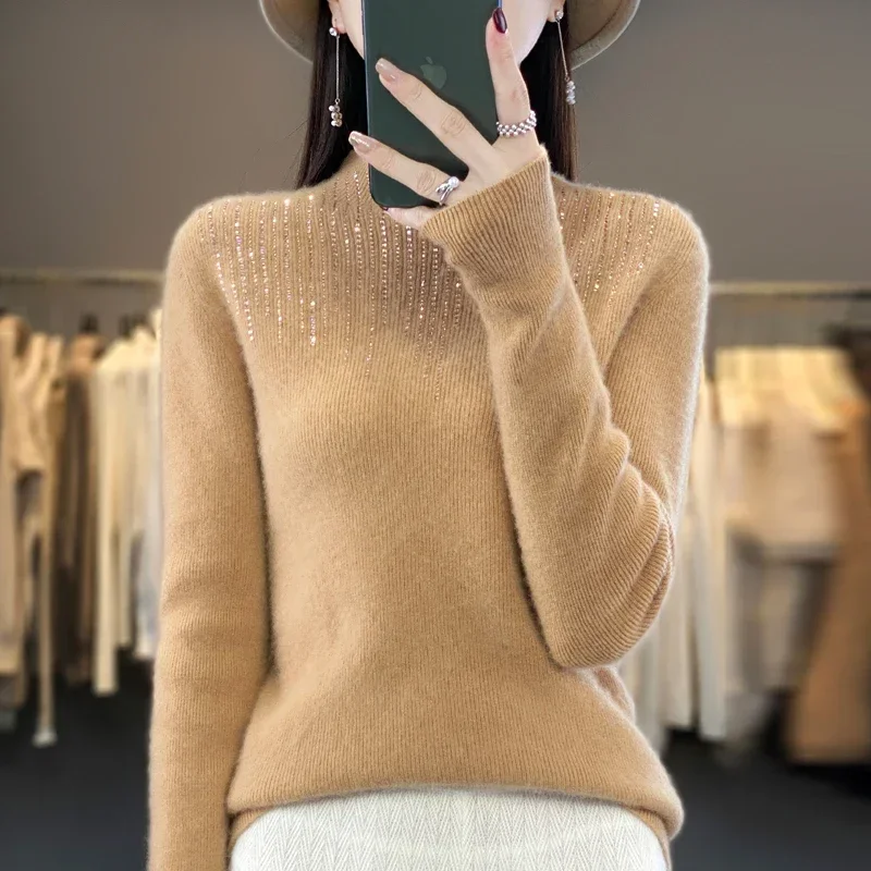 Autumn Winter Sweater Women Rhinestone New High Neck100% Pullover Women Slim Fit Solid Color Sweater Women\'s Long Sleeve Top