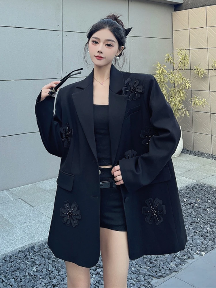 Stylish Women Floral blazer Loose Black 2025 Spring Autumn Long sleeve Single breasted jacket Luxury Beading Coat INKEO 5O031