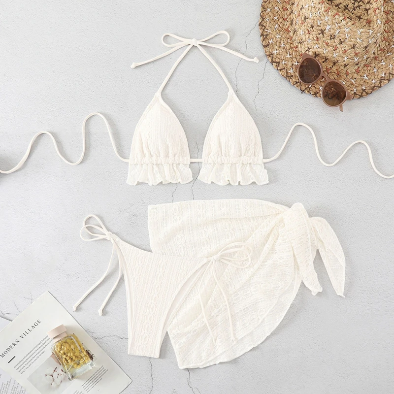 

Lace Three-pieces Swimsuit Set With Sarong Bikini Inspired Women's Swimwear Beachwear Bathing Suit Outfit