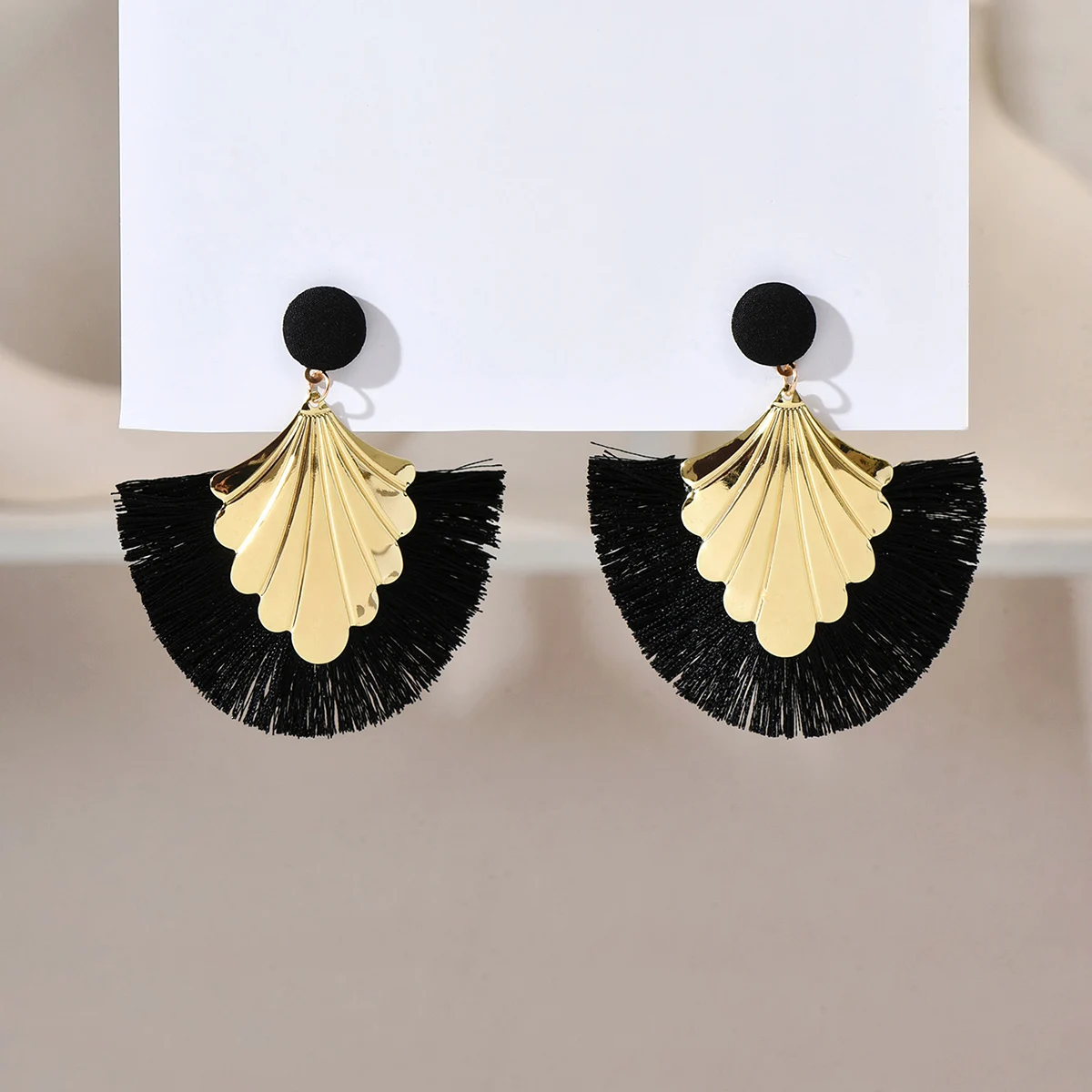 Bohemian fan shaped tassel earrings with fashionable ripple design and exaggerated style earrings view 3
