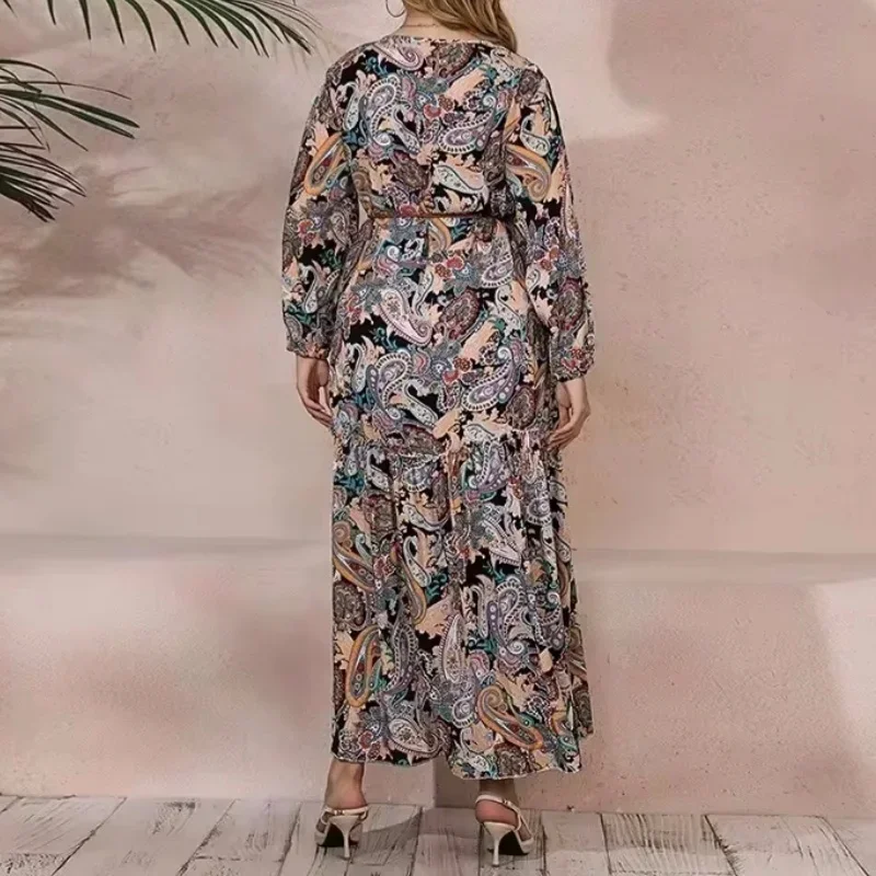 Nowa moda damska Plus Size Retro Paisley Oversized Dress Wiosna i lato Chubby Mm Luźna, przedłużona długa spódnica z długim rękawem