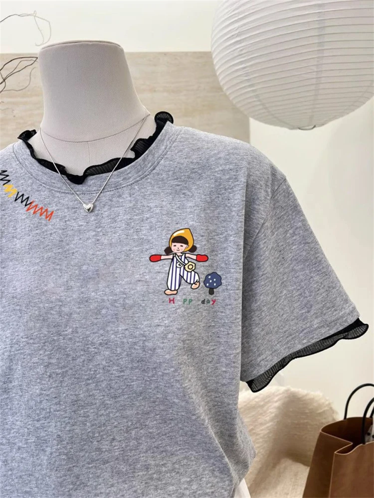 Chique kleur Blo Kant Patchwork ort Sve T-shirt Dames Zomerontwerp Zoet Veelzijdig Afslanktop Trendy Casual Loose Fit