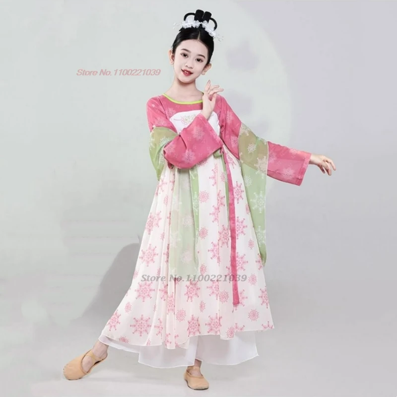 2025年中国風ヴィンテージ子供民族舞踊ドレス民族花柄プリントシフォン漢服ドレス+パンツセットステージパフォーマンスダンスドレス