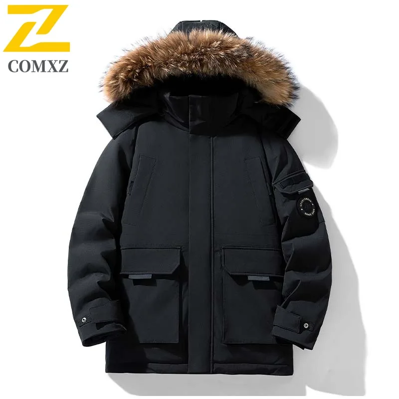 COMXZ Winter Down Jacket Men Women High-quality Camo Fluffy Fur Collar White Duck Down Parka Coat Casual Thermal Puffer Jacket