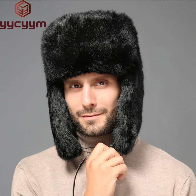 

Fashion Thick Warm Bomber Hat Men Real Rabbit Fur Earflap Trapper Russian Cap Male Plus Size Winter Hats for Men Ski Russian Hat