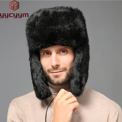 Fashion Thick Warm Bomber Hat Men Real Rabbit Fur Earflap Trapper Russian Cap Male Plus Size Winter Hats for Men Ski Russian Hat