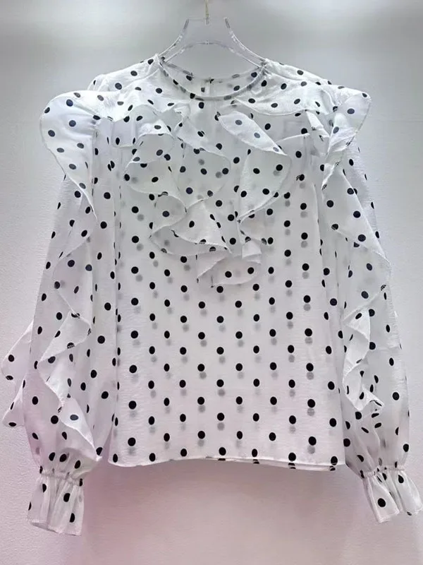

Уникальная женская блузка с рукавами-фонариками в белый горошек для ранней весны: модная, роскошная, премиум-класса, для повседневной носки