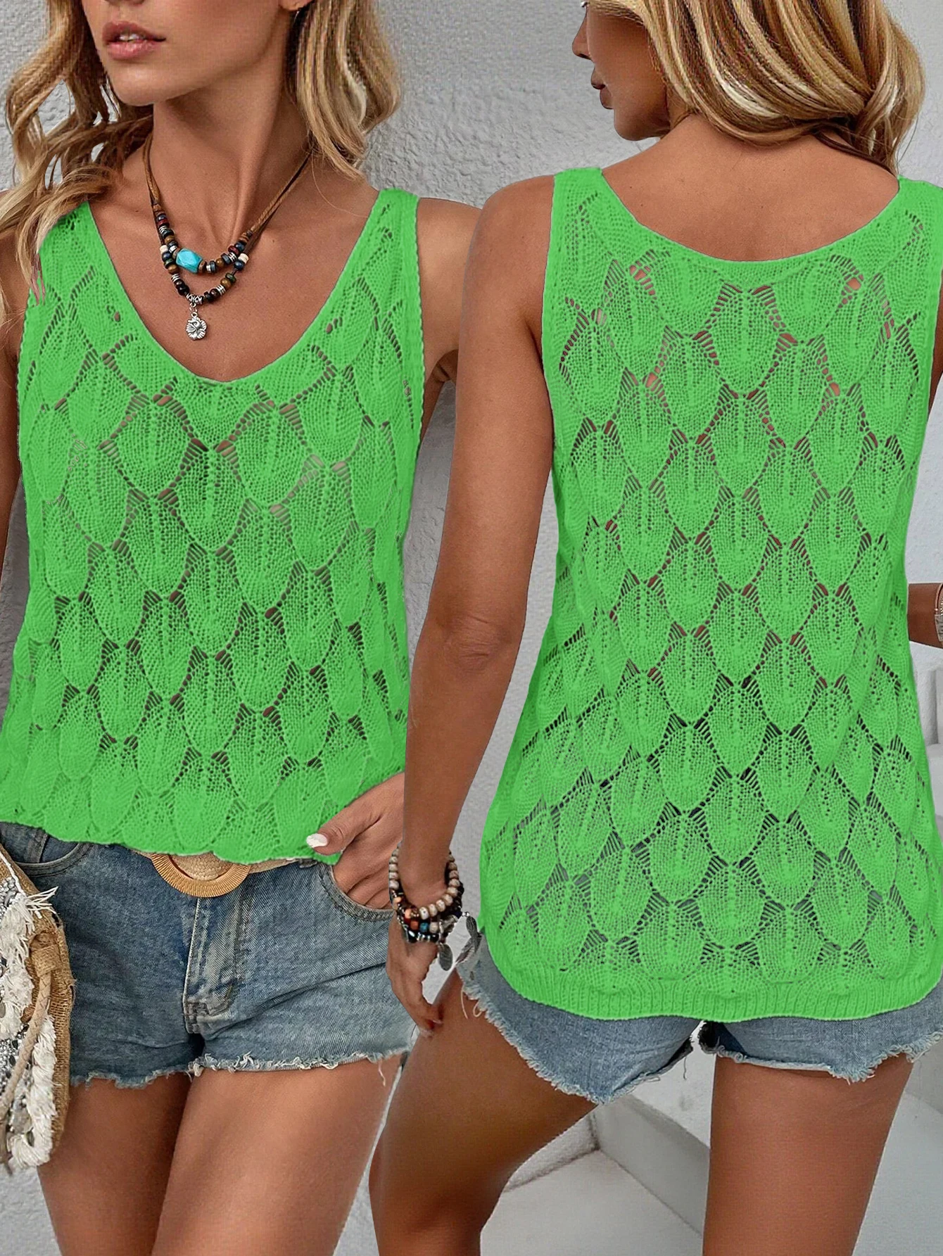 2026 New Summer , Fish Scale Pattern Hollow Sleeveless Breathable Knitted Vest, Women's Casual Loose Summer Beach Vacation Tops