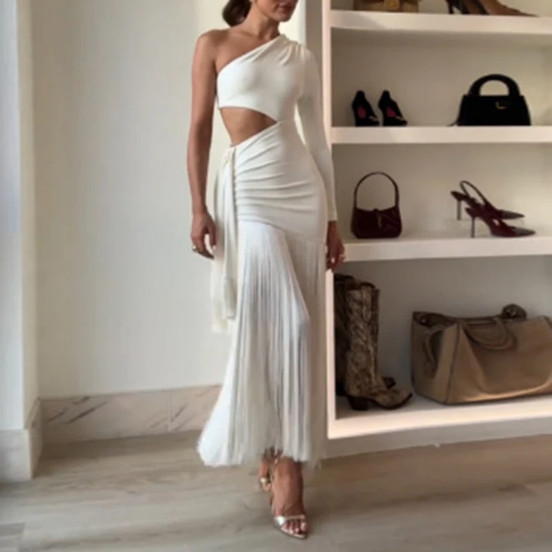 Irregular Ruched Sexy Maxi Dress For Women One Shoulder Sleeveless Hollow Out Long Dress Slim High Waist Backless Tassel Dresses