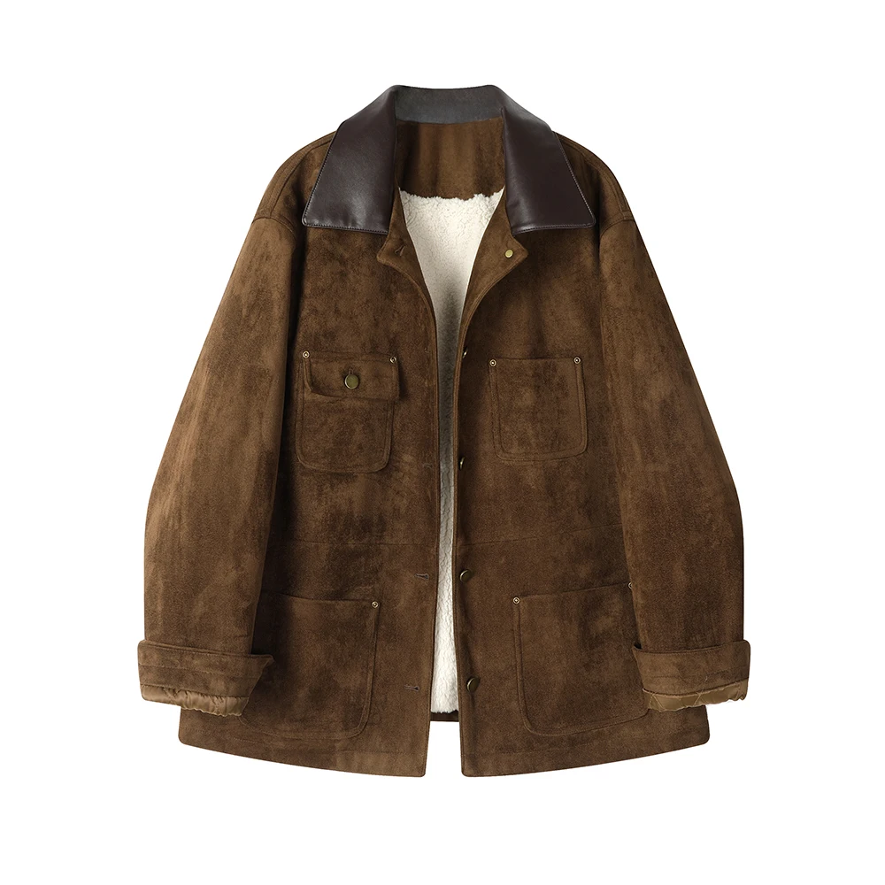 سترة نسائية من جلد الغزال مع بطانة شيرلينغ صناعية كبيرة الحجم معاطف شتوية 2024 ملابس خارجية جديدة من الصوف الدافئ طراز عتيق