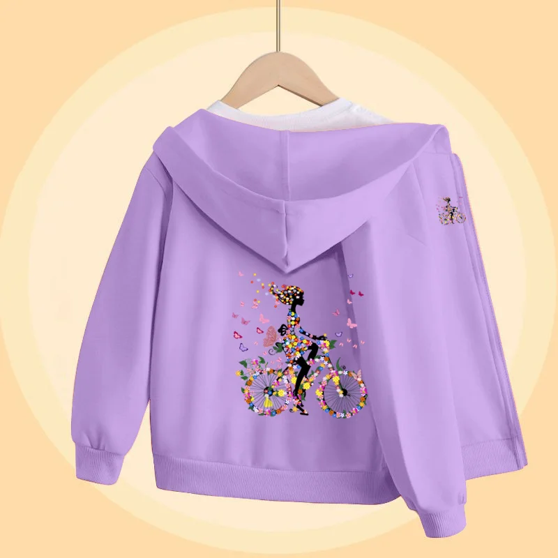 Butterfly Bike Cartoon Sweatshirt for Girls Autumn Long Sleeve Coats Girl Cotton Hoodie with Zipper 5-14T