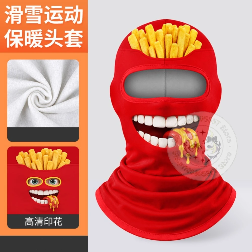 Winter Funny Thermal Windproof Ski Mask Funny Realistic Fries Burger Print Balaclava Hat Neck Coverage for Skiing Outdoor Hat