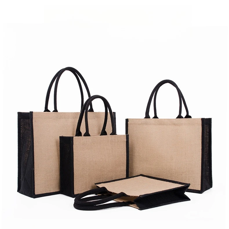 Custom Logo Casual Eco-friendly Black Jute Bag Reusable Commuter Travel Large Capacity One Shoulder Handheld Shopping Sack Bag