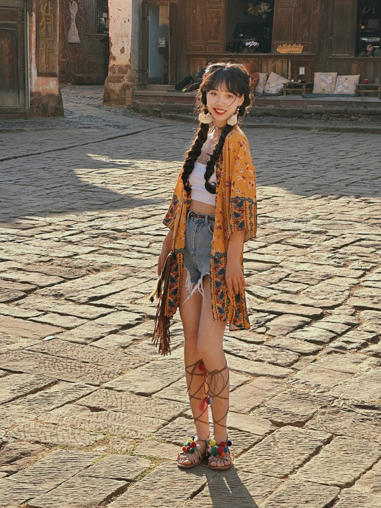 2025 여성 플로럴 프린트 비치 보헤미안 롱 블라우스 탑 신상 드레스 키모노 여성용 V넥 여름 비키니 보호복 탑