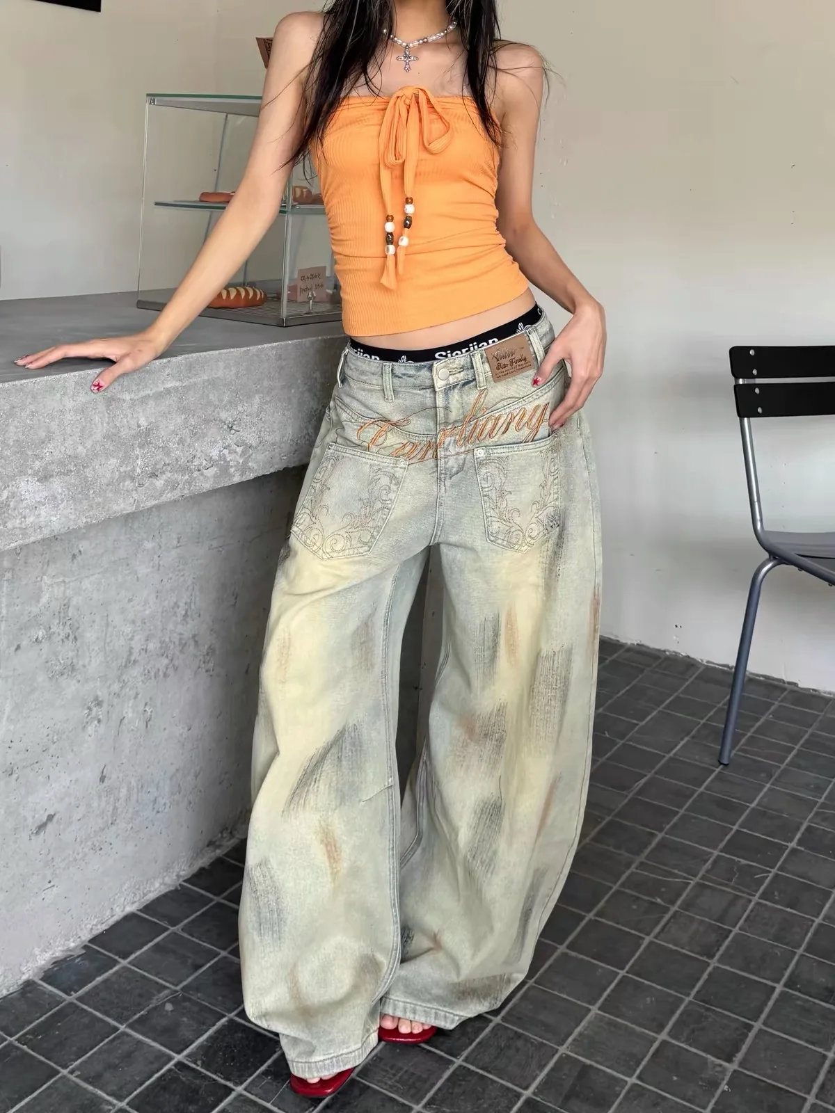 Trendy Ripped Letter Embroidery Wide Leg Jeans Women's Vintage Style Distressed Denim High Waist Straight Cut Casual Trousers