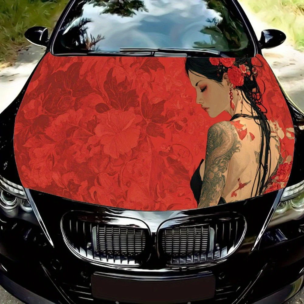 

Red - Charm Floral Tattoo Lady car hood stickers, waterproof self-adhesive, scratch resistant, easy to stick, durable car PVC st