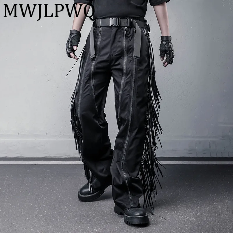 

MWJLPWQ Tassel Unique Design Long Zipper Straight Men Trousers New Dark Style Street Punk Trendy Functional Wide-Leg Pants 12082