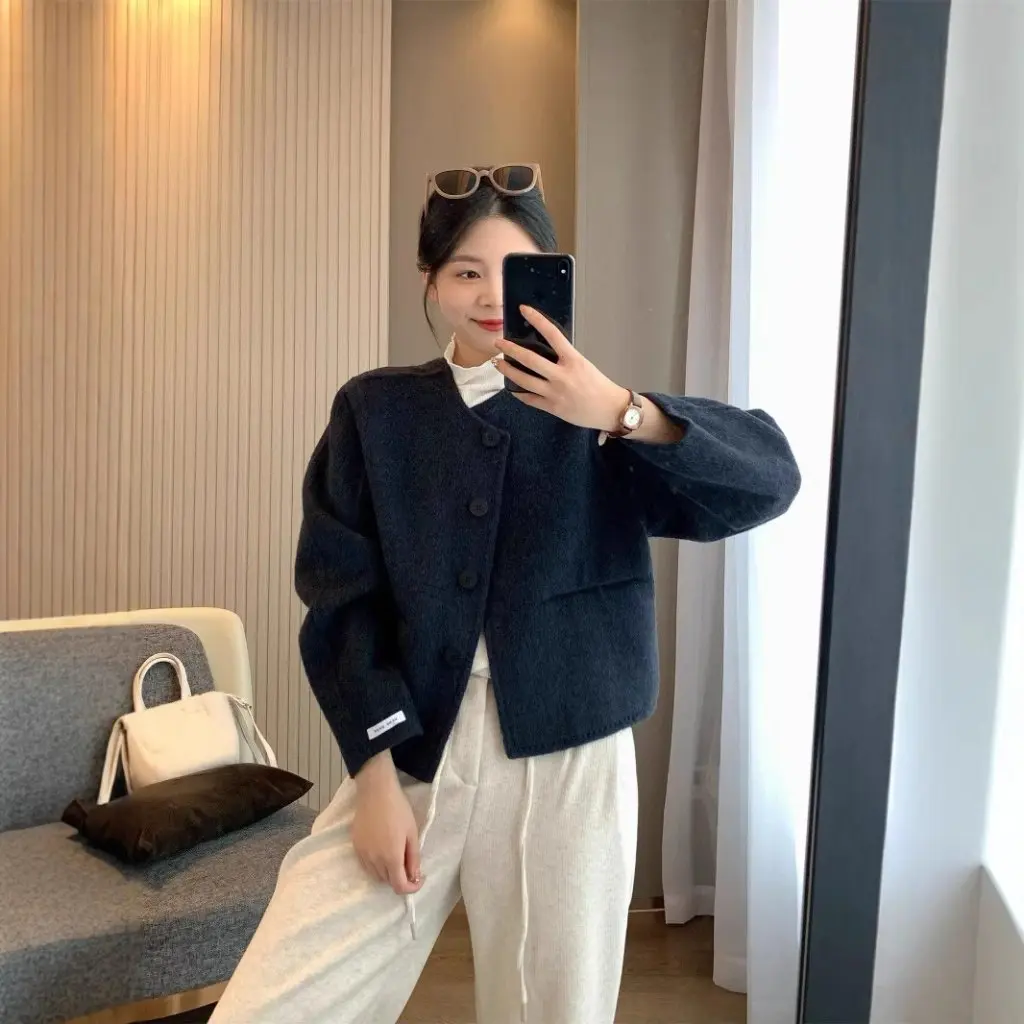 

Женское белое кашемировое пальто в корейском тонком стиле, двустороннее шерстяное короткое пальто на осень и зиму