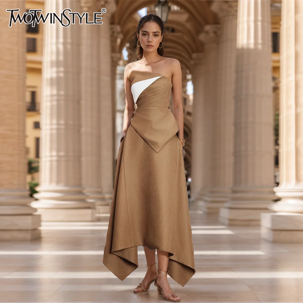 

TWOTWINSTYLE Minimalist Hit Color Two Piece Set For Women Strapless Top High Waist Irregular Skirt Formal Sets Female KSE509708