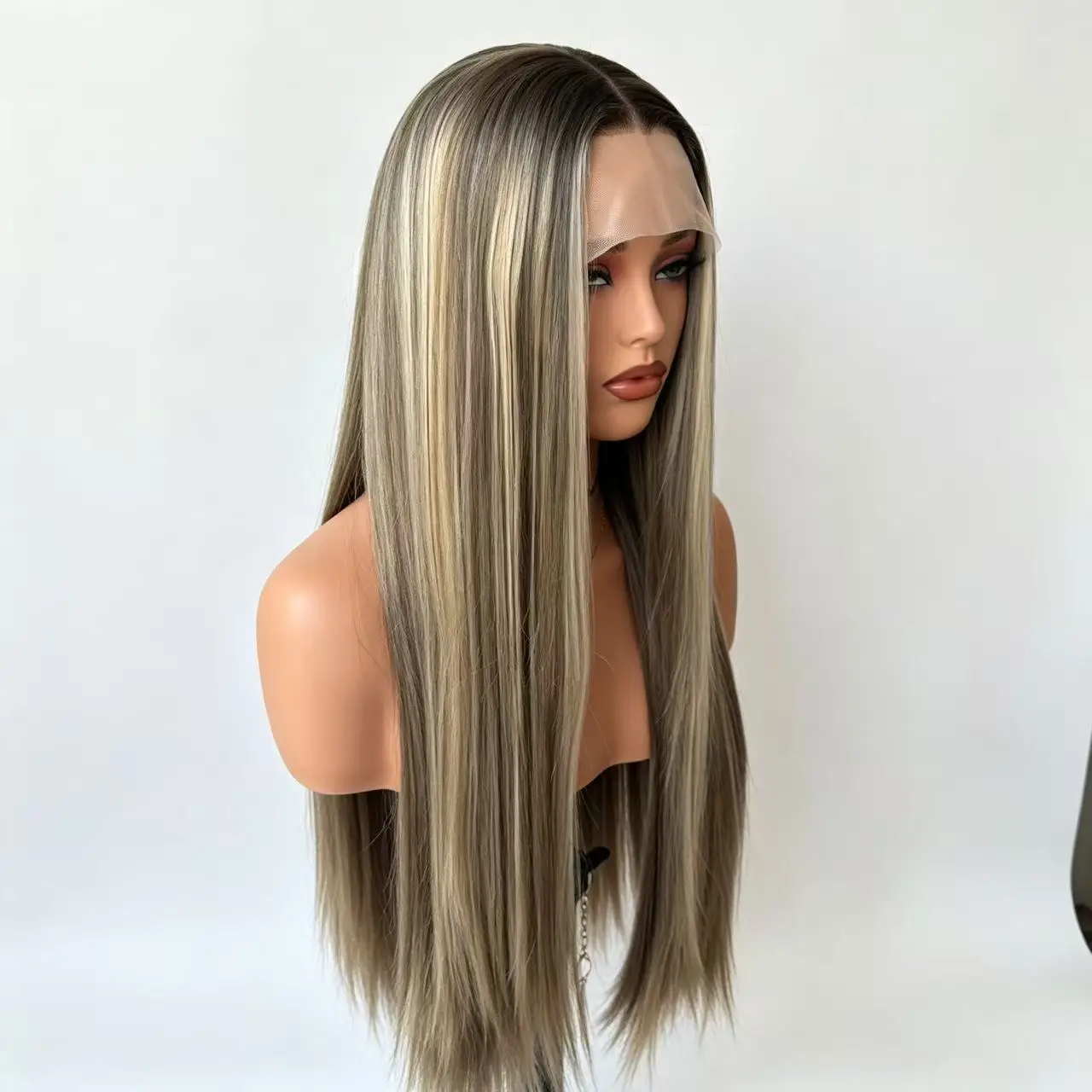 13X4 Platinum Brown Highlight Lace Front Wig Synthetic Heat Resistant Pre Plucked Hairline Women Daily Party Cosplay